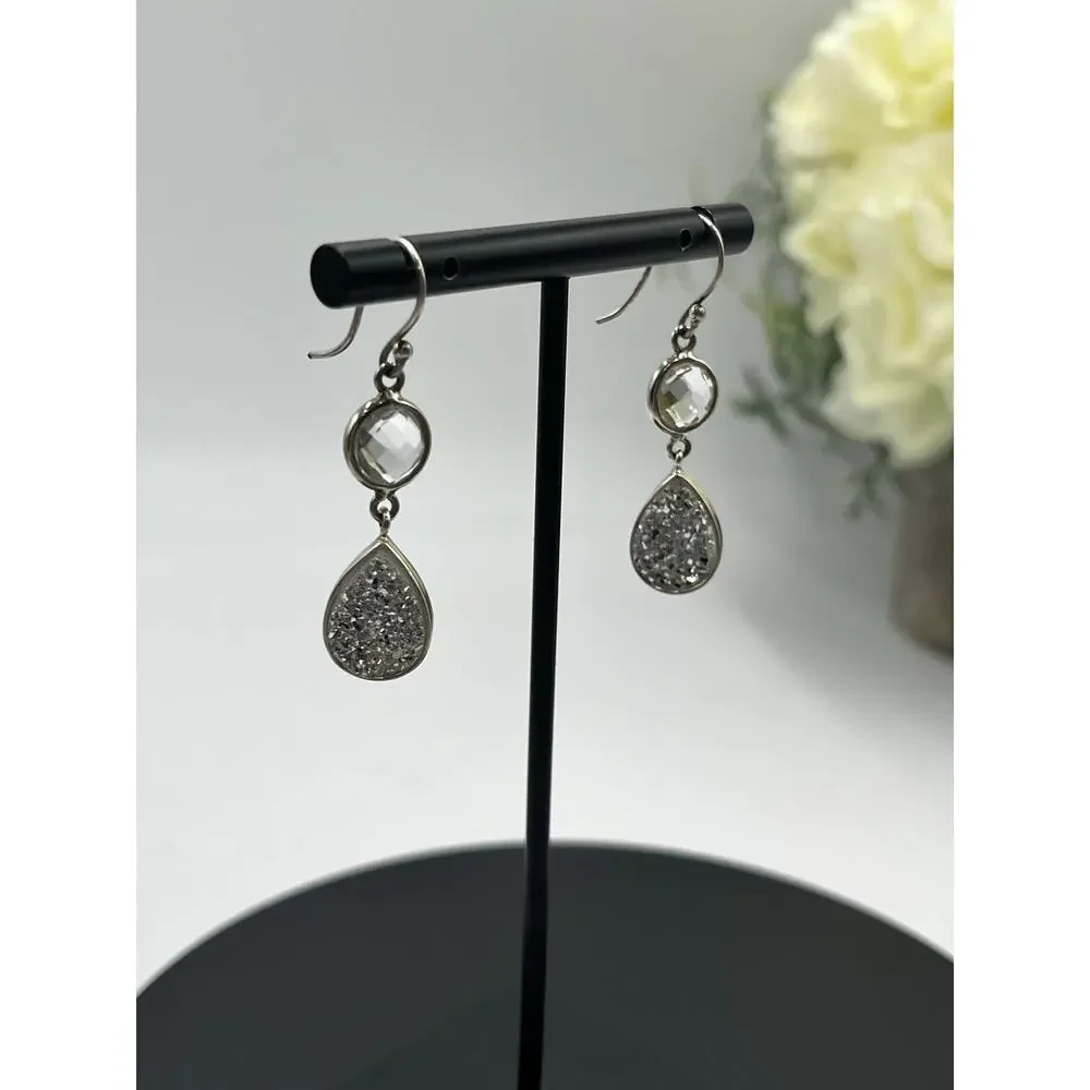Vintage Sterling Silver 925 Titanium Druzy Clear‎ Rock Quartz Dangle Earrings